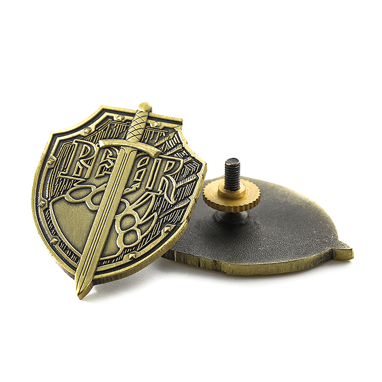 Die Struck Metal Bronze Sword And Shield Pin with Screw
