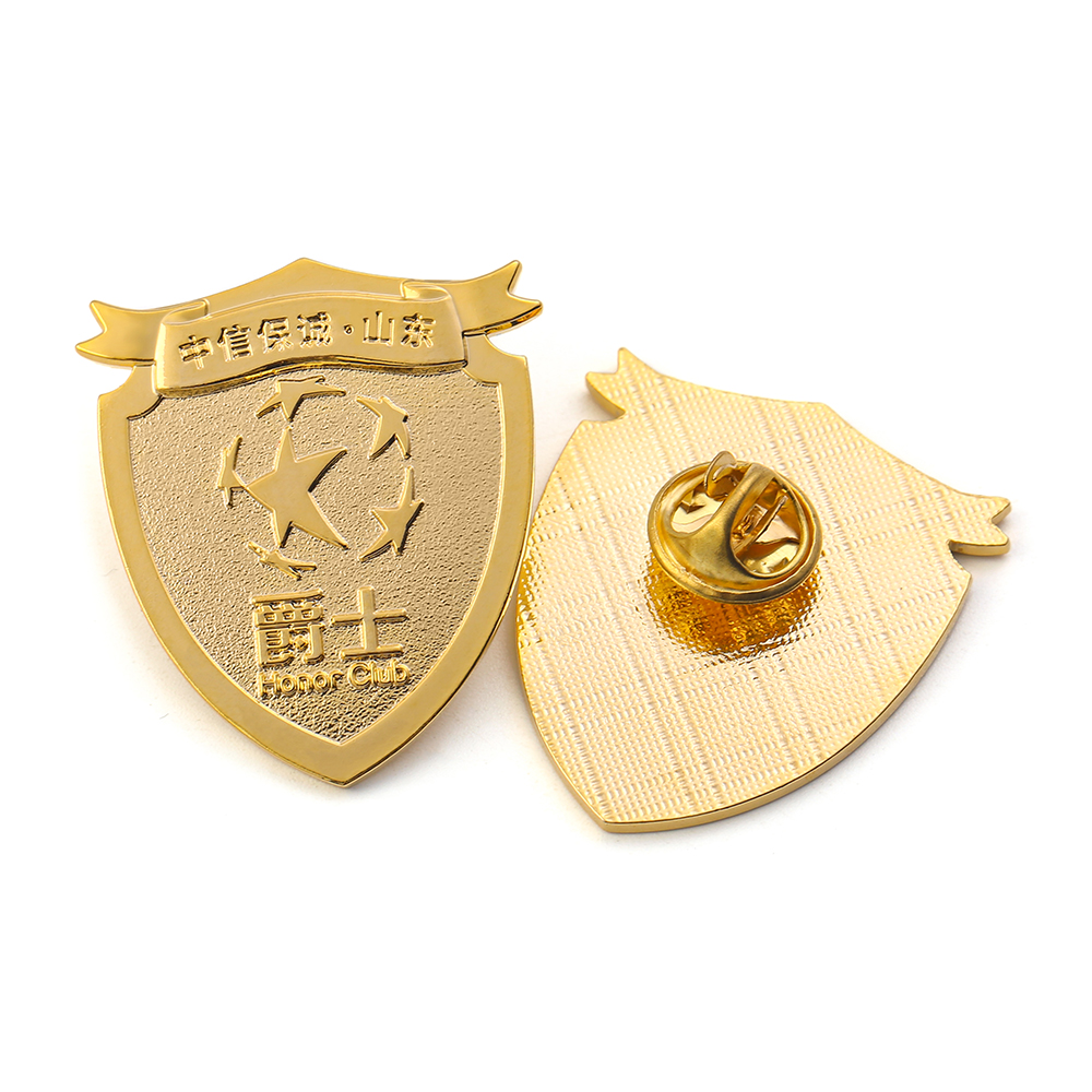 Die Struck Metal Shield Gold Pin with Sandblast Background