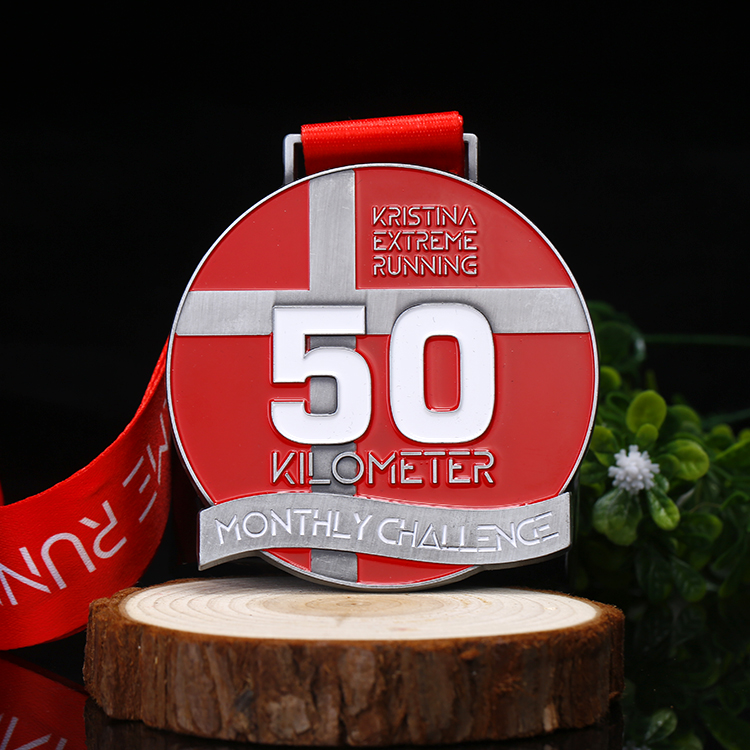 Custom Metal Silver Challenge Medal 50 Kilometers for Sport Event