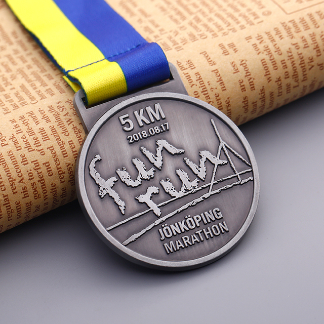 Round Metal Silver 5K Fun Run Medal for Sports