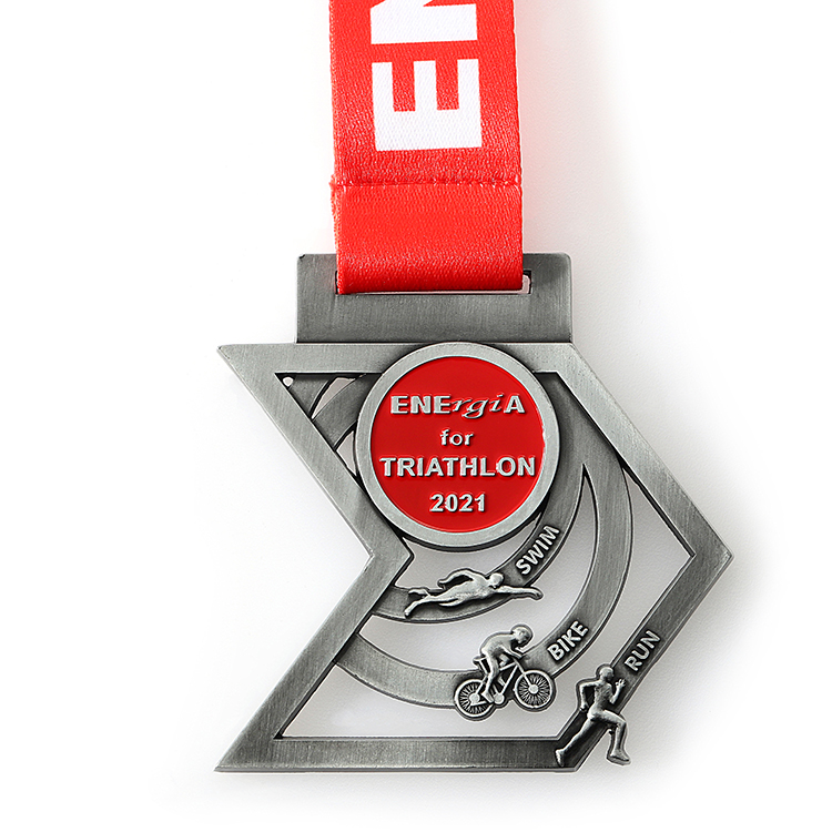 Customized Metal Silver 3D Cut out Medal for Triathlon