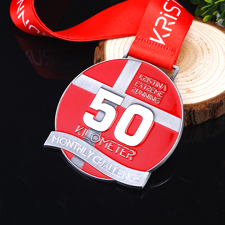 Custom Metal Silver Challenge Medal 50 Kilometers for Sport Event