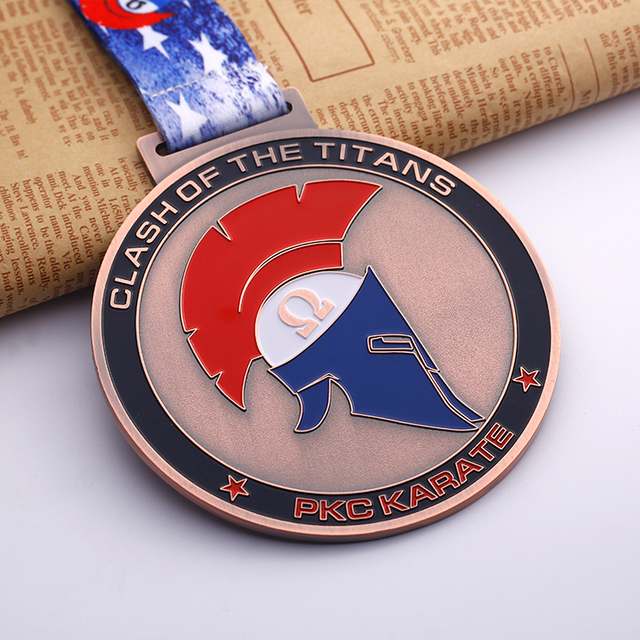 Round Copper Alloy PKC Karate Medal with Colorful Ribbon